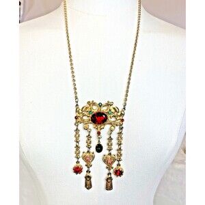 Vintage Lupé Signed Egyptian Revival Necklace Gold Tone Rhinestone Fringe